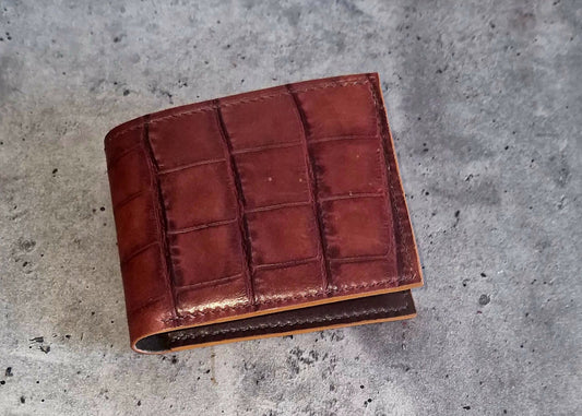 Croco Leather Bifold Wallet- Brown